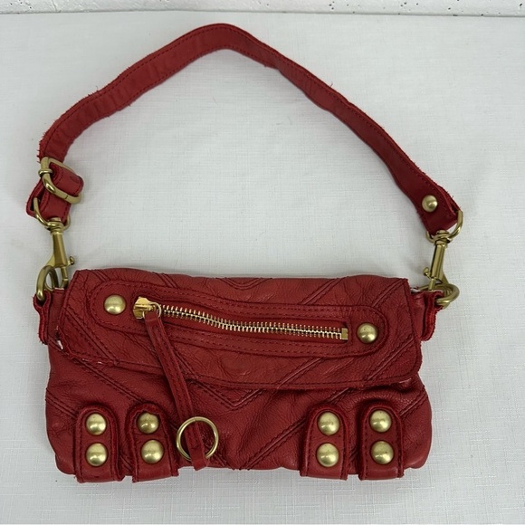 Lines Pelle Red Leather Brass Studded Leather Shoulder Bag - Picture 1 of 16